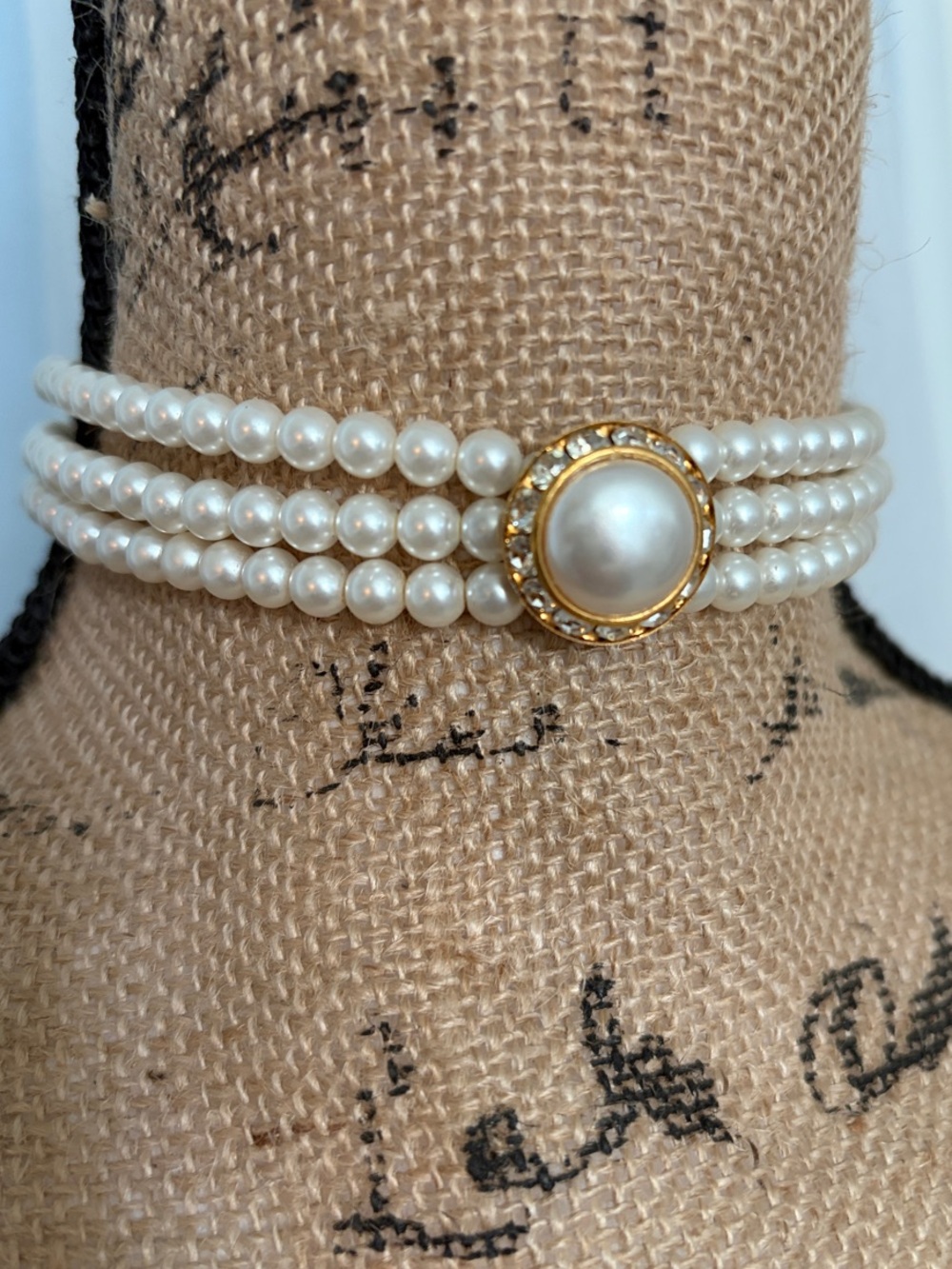 Vintage Classic Pearl Triple-Strand Choker with Gold Accent